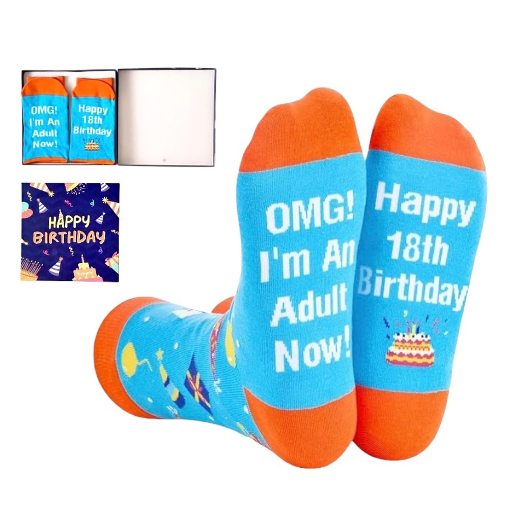 NWT HappyPop 18th Birthday Themed Socks in Gift Box Fun Unisex Novelty Gift Set